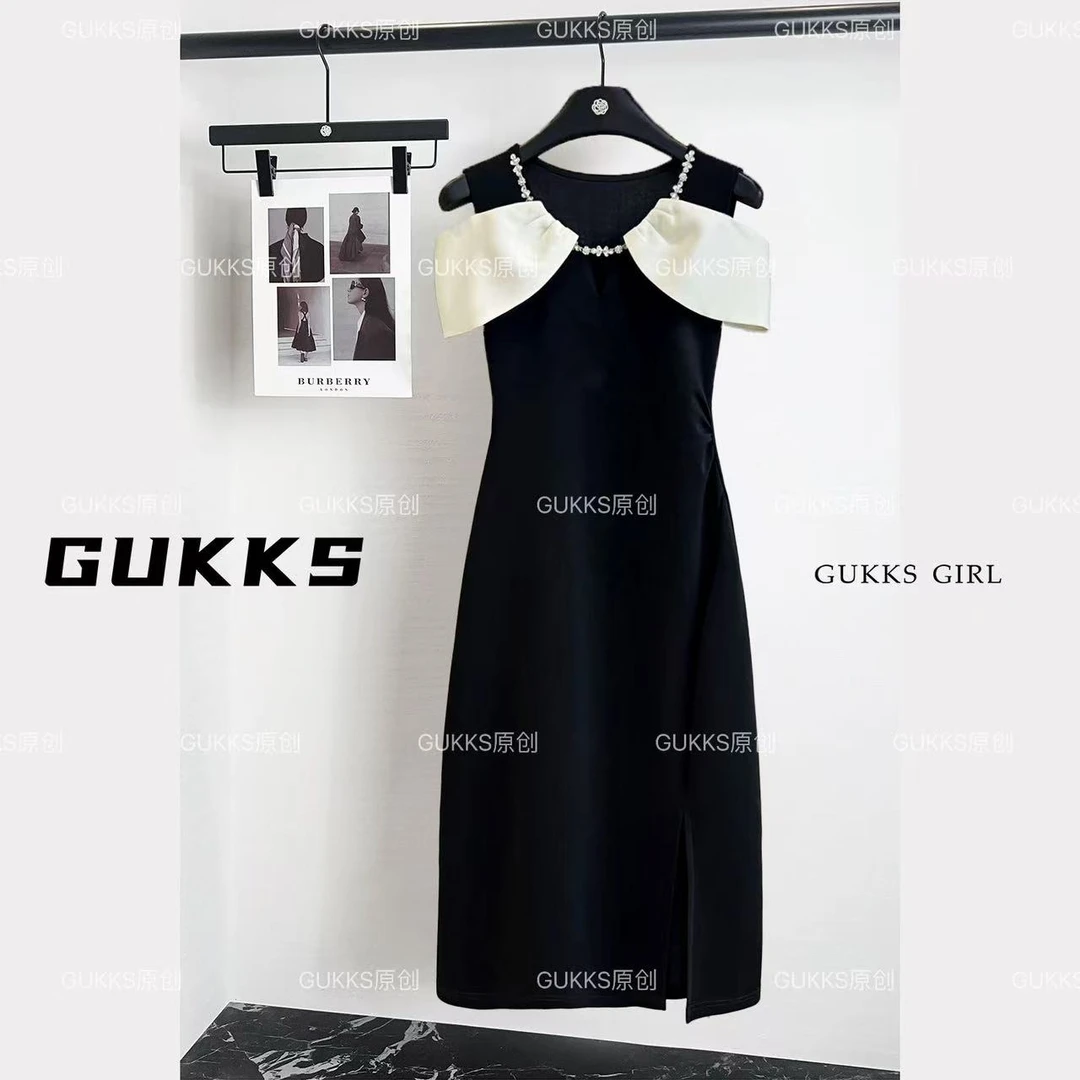 GUKKS/优雅气质连衣裙2025夏季高端精致拼色露肩显瘦裙子GK727