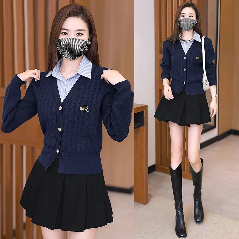 2025春秋季新款学院风假两件针织开衫女士上衣服洋气百搭显瘦毛衣