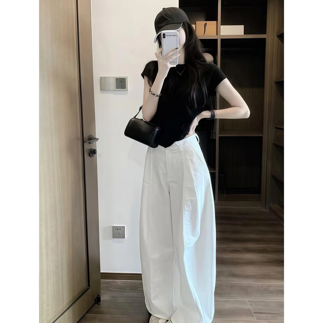 白色弯刀休闲裤女夏薄款2025新款韩版宽松显瘦垂感阔腿裤九气球裤