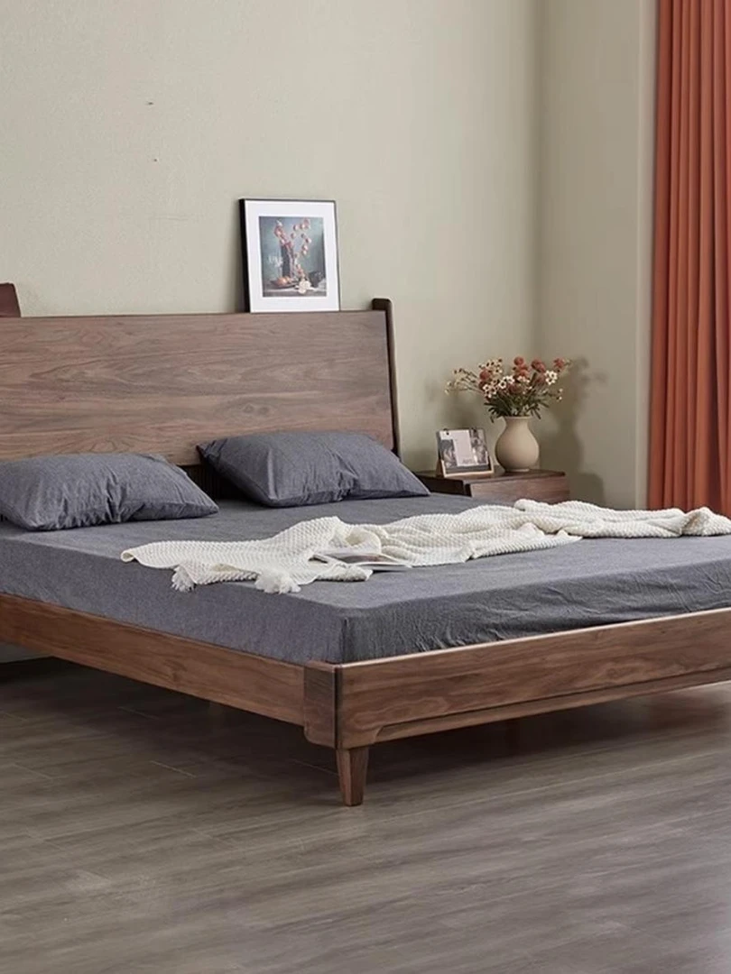 北美黑胡桃木钢琴床头悬浮床体实木双人床