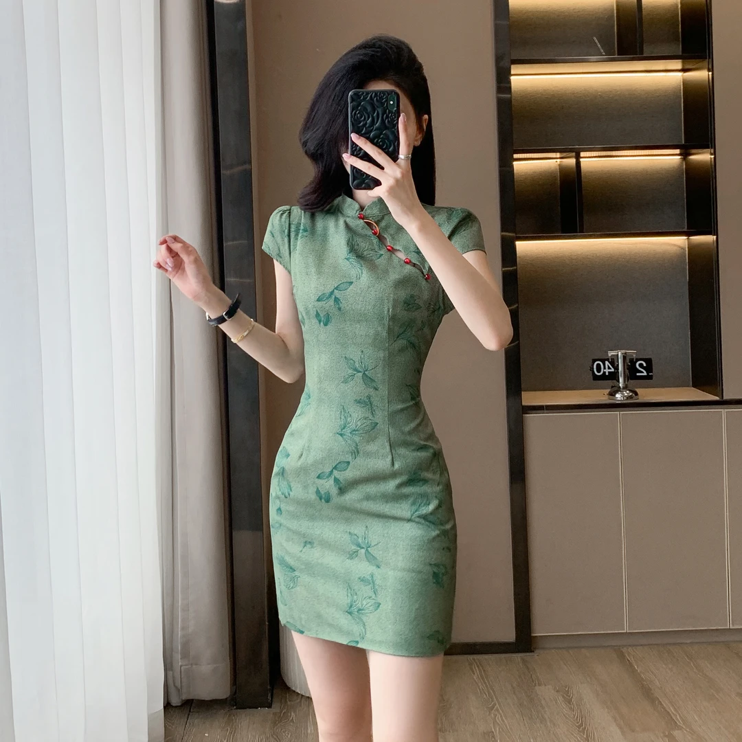新中式碎花改良旗袍裙夏季新款女装小个子显瘦国风气质绿色连衣裙