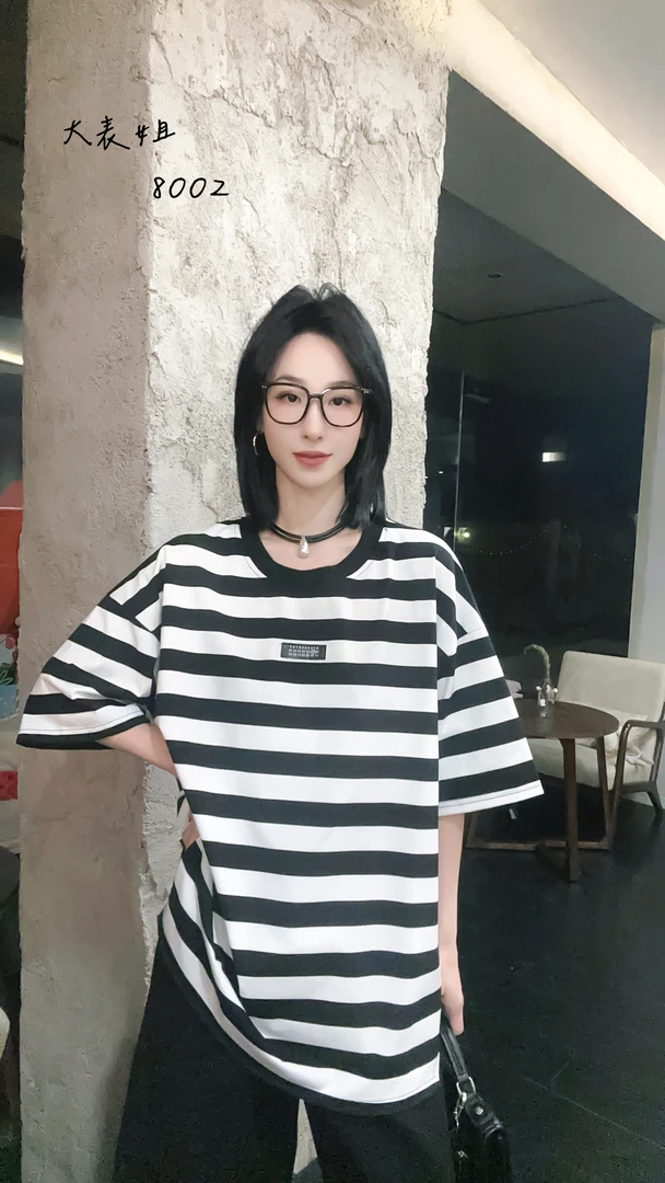8002夏季新款黑白条纹撞色短袖t恤女韩版宽松圆领显瘦休闲上衣潮
