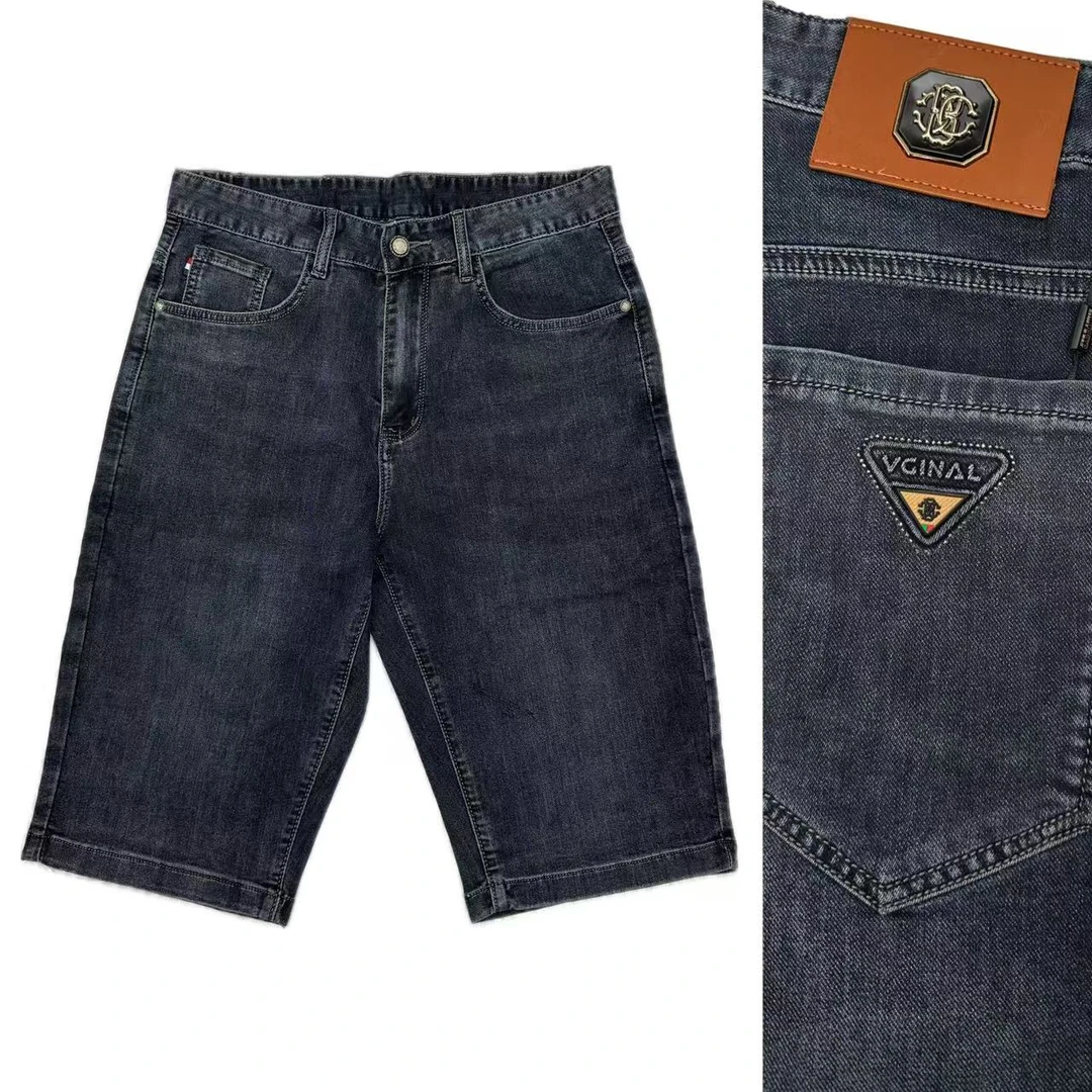 【树邦实体品质】夏季男士莱赛尔黑蓝软弹字母钢印牛仔短裤五分裤