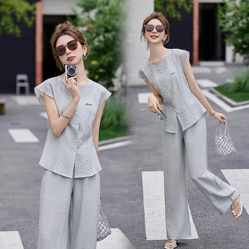 休闲时尚薄款套装女2025年夏季新款洋气时髦简约气质阔腿裤两件套