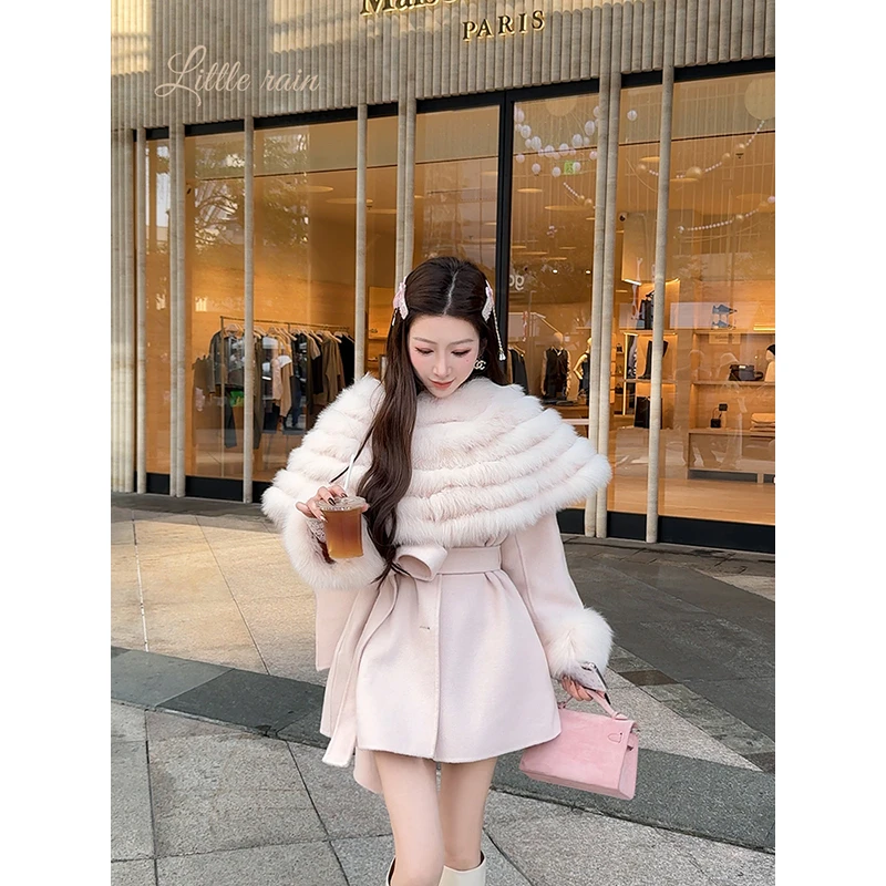 小雨姐姐【世袭大衣】狐狸毛领大披肩双面100%羊毛大衣女冬季新款