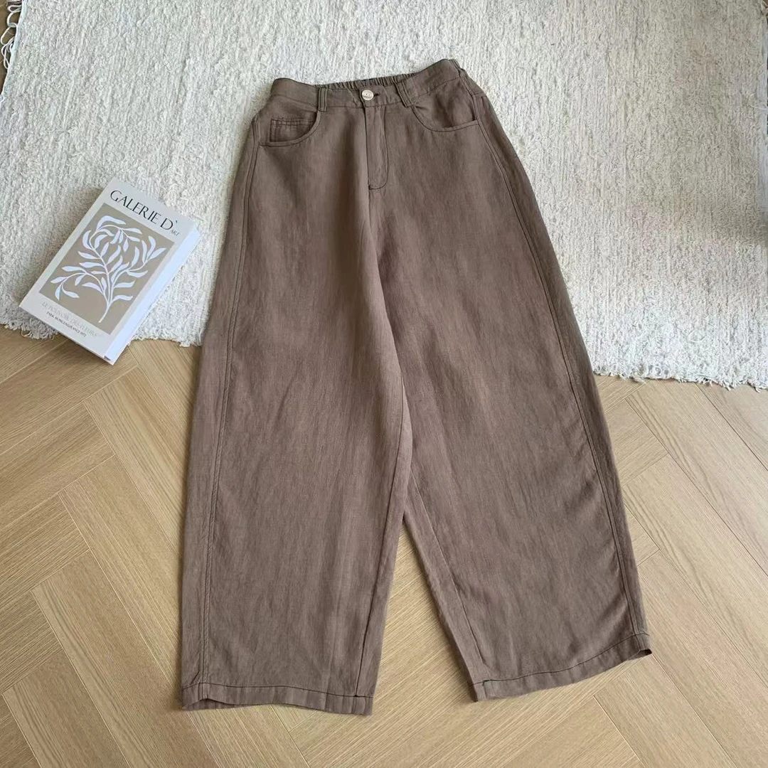 素心轻奢 2025夏季松紧腰纯色宽松休闲砂洗纯亚麻直筒显瘦裤13430