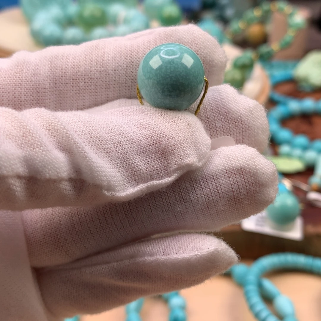 绿松石未镶嵌珠宝奇石秦古雨点松圆珠14.8mm