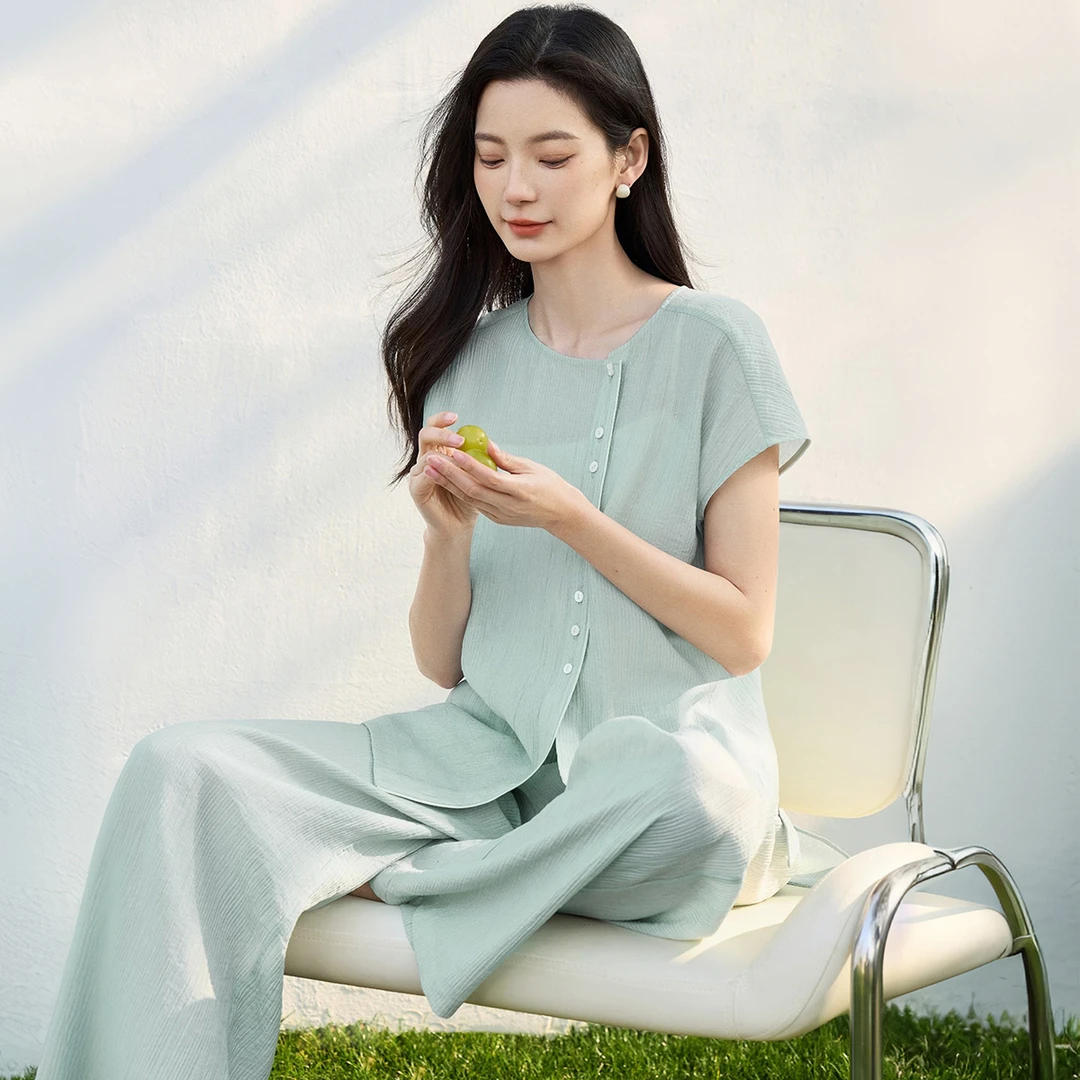 IHIMI/海谧25夏季新款女百搭简约肌理无袖上衣系带休闲裤套装A107