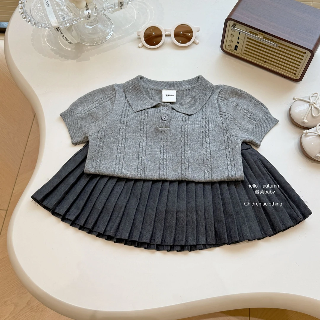 【现】【泡芙baby】童装2025夏季女童针织短袖polo衫儿童百褶裙套装