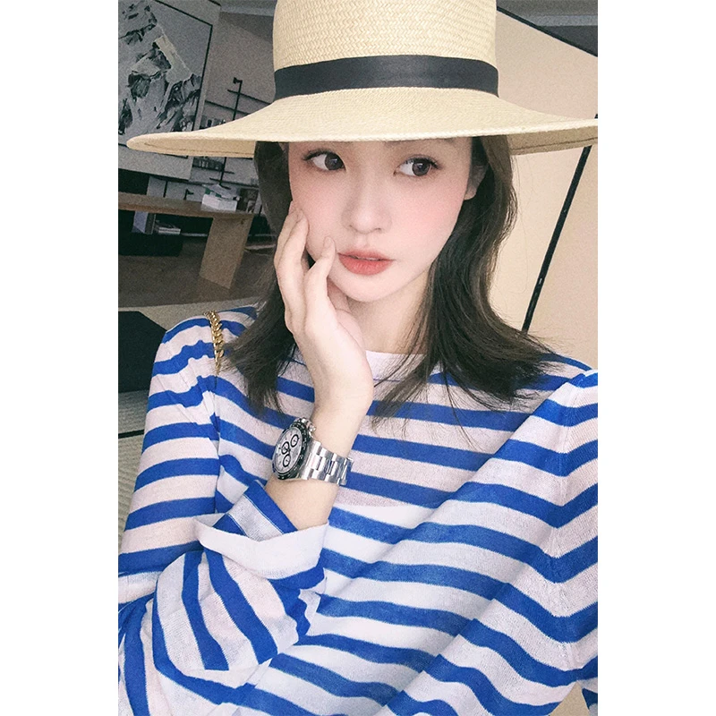 运费补贴气质早春清爽蓝白条纹甜美可爱长袖T恤甜美可爱风格衣服