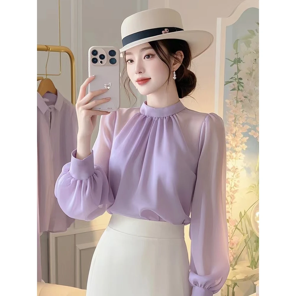 2025春秋新款韩系chic别致气质通勤雪纺上衣女高级感紫色长袖衬衫