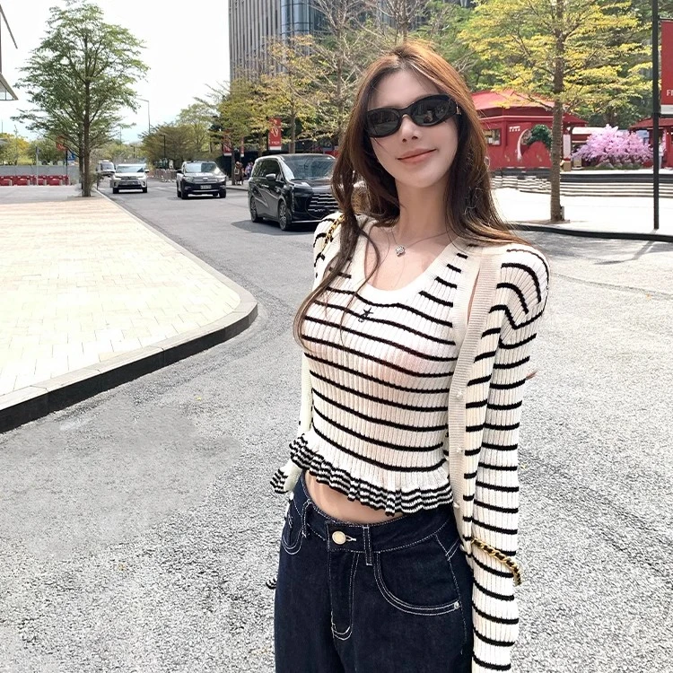 【私服条纹派】夏季新款韩系设计感下摆花边背心开衫两件套