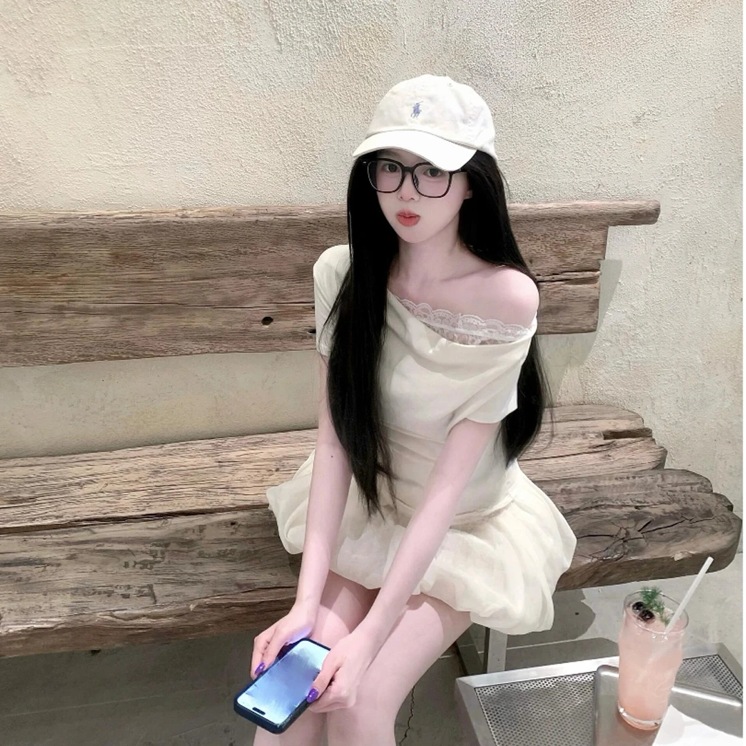 夏季时尚新款韩系小众女装纯欲风慵懒显瘦露肩上衣百搭温柔短裙