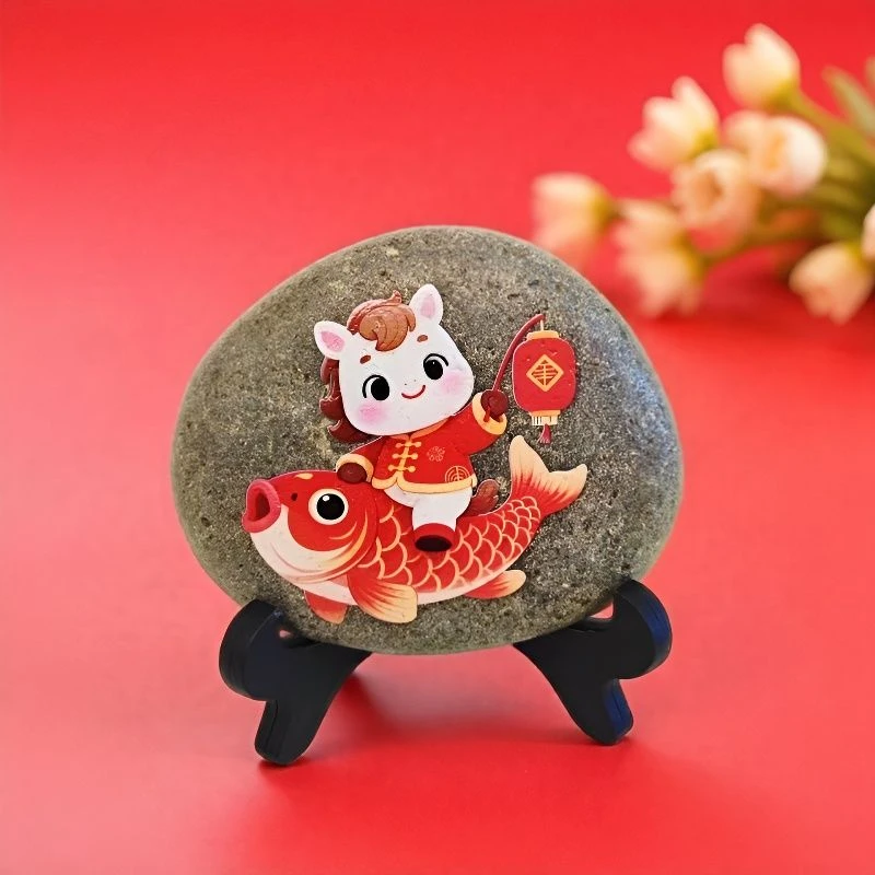 喜庆石头画创意好运莲莲柜摆件年轻人酒柜全套学习客厅家和万事兴