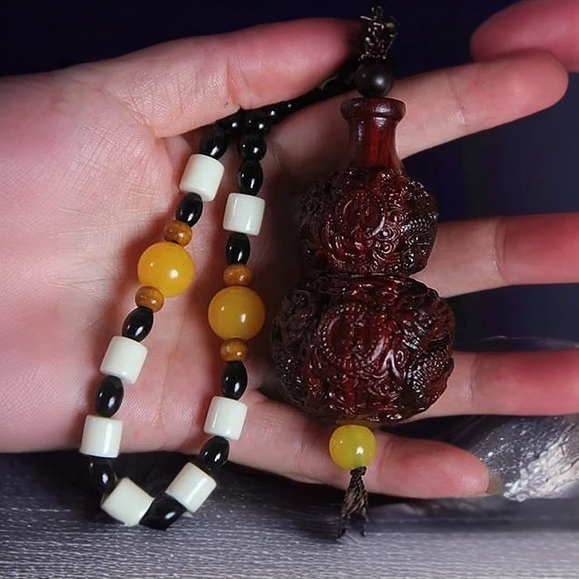 小叶紫檀木出入平安双龙葫芦手把件摆件装饰汽车挂件实木工艺品