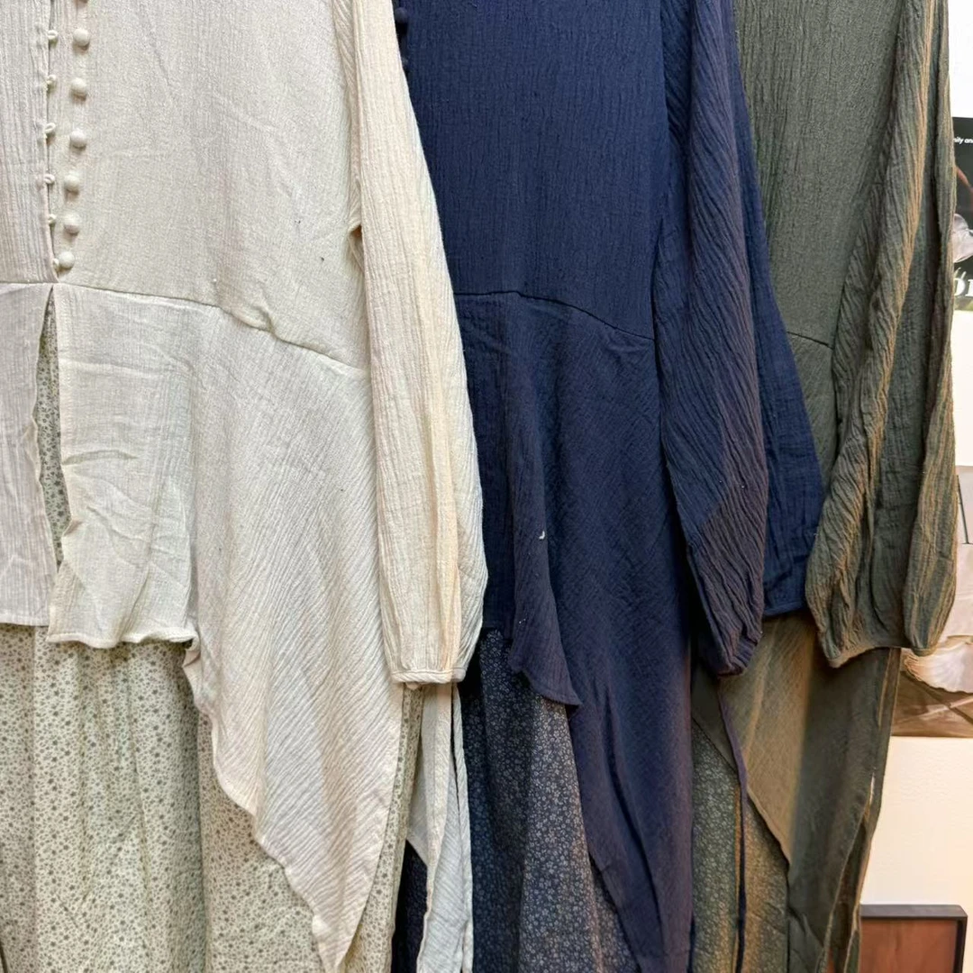 S8726 拼接连衣裙宽松褶皱圆领女装