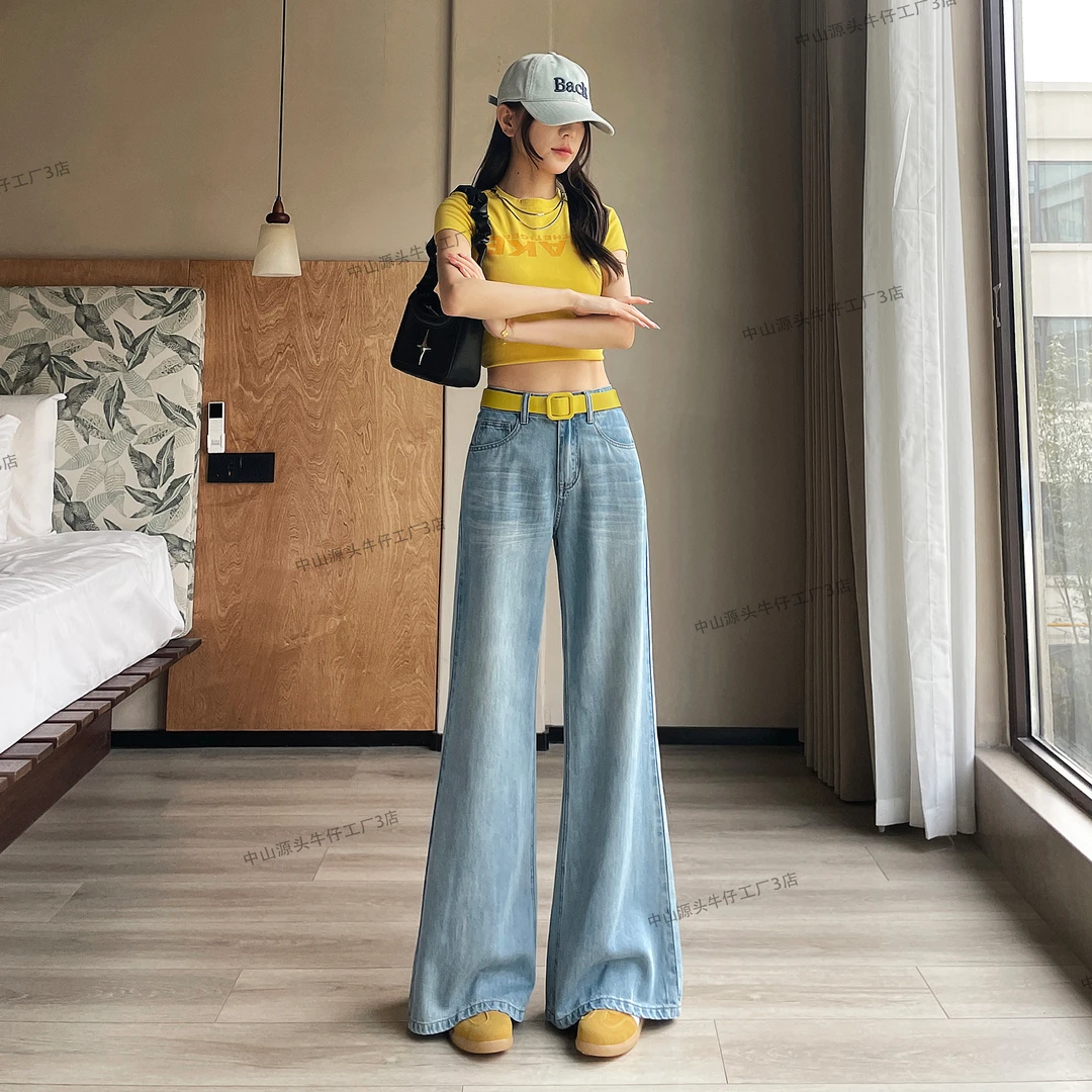 天丝牛仔裤直筒微喇叭2025夏季薄款小个子莱赛尔宽松牛仔裤子7872