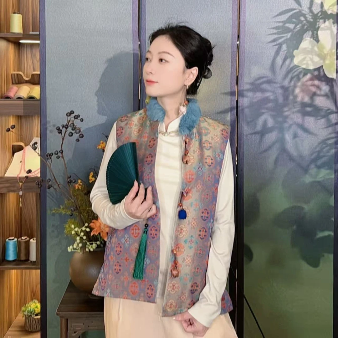 新中式国风兔毛领马甲女冬季新款提花夹棉中式轻奢保暖外套背心