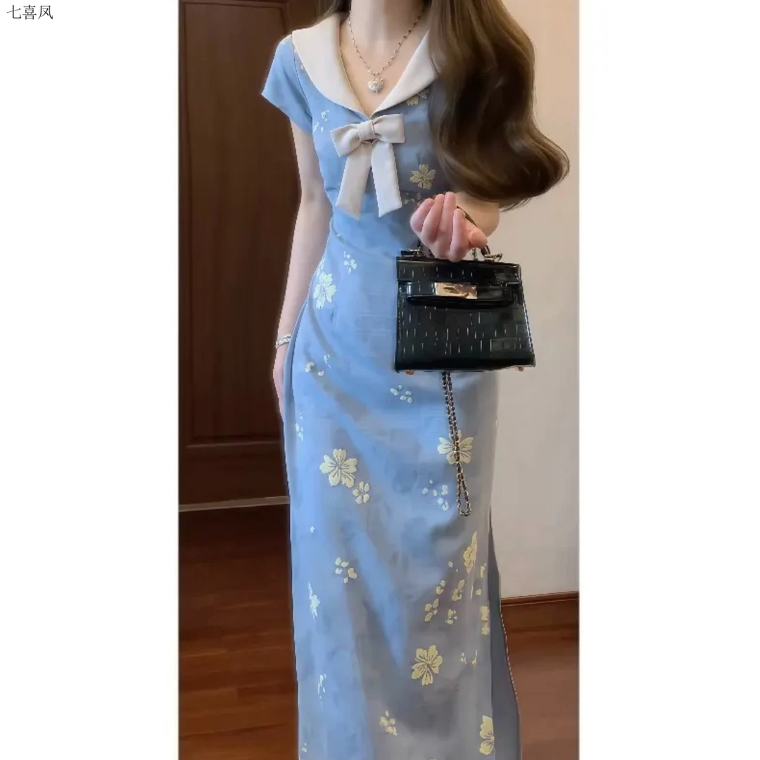 改良优雅气质长裙收腰娃娃领短袖高腰连衣裙聚酯纤维夏季