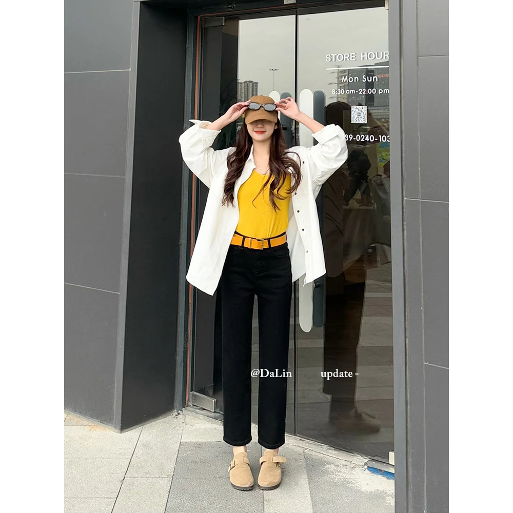 小王家/DaLin烟管裤女2025春新款弹力高腰牛仔裤垂感修身显高显瘦