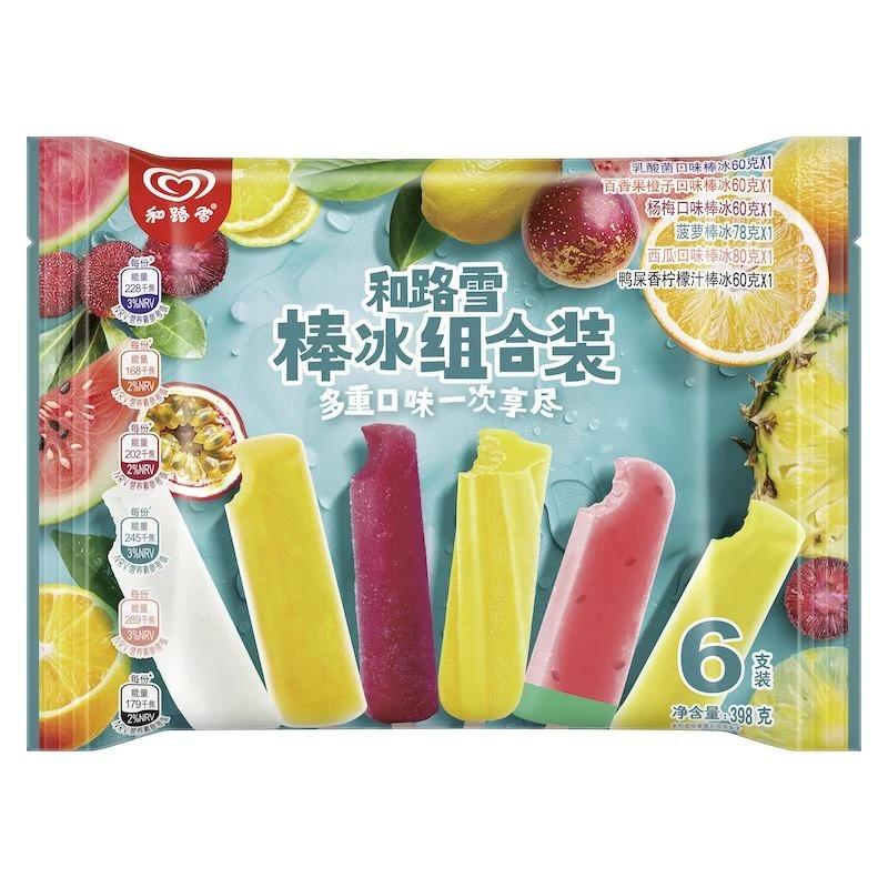 和路雪乳酸爽百香橙鸭屎香西瓜杨梅菠萝棒冰六支装398g