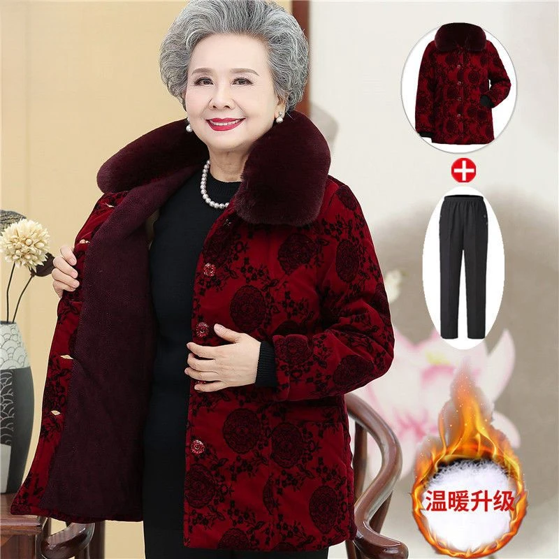 潮牌高端奶奶棉衣加绒加厚外套岁妈妈棉服大码老人冬天衣服老太女