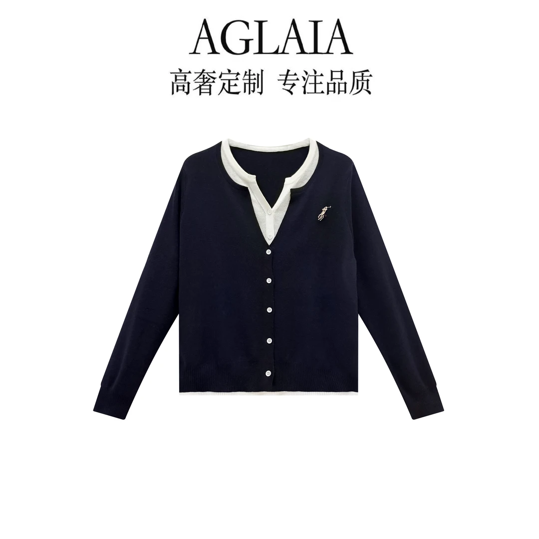AGLAIA~早秋新款设计感拼色假两件百搭休闲针织开衫上衣女6253