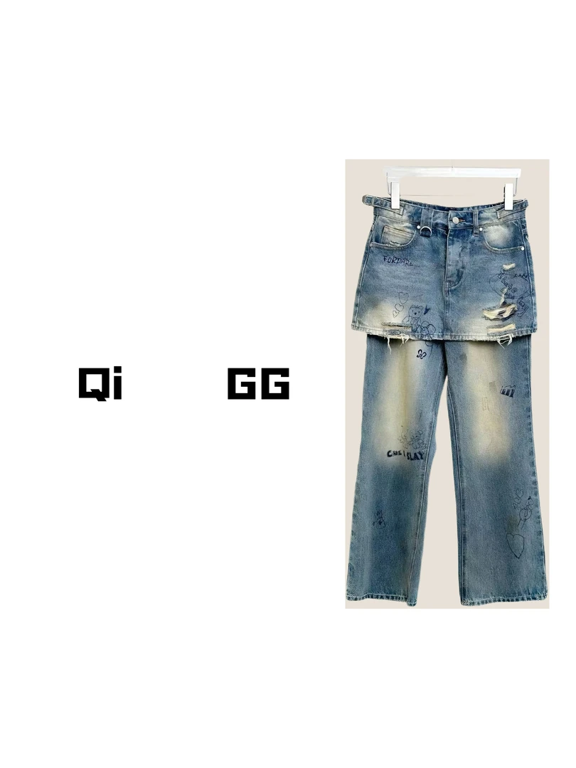 【Qi GG】圆珠笔涂鸦牛仔裤