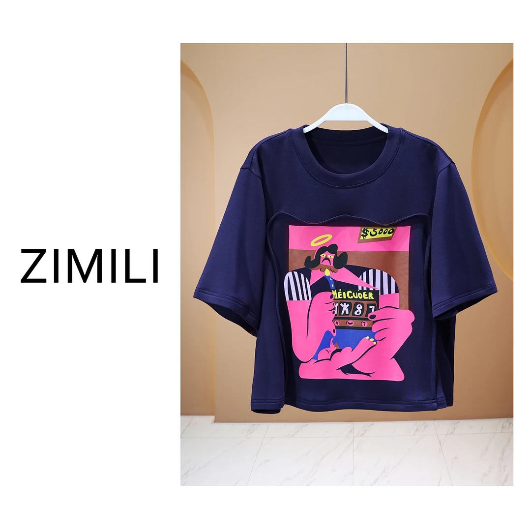 【LIANG哥女装】2025夏季《采薇》藏蓝色轻薄立裁拼接印花短T恤6579