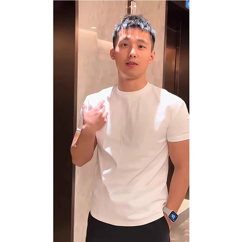 白色显肌肉正肩短袖男款夏季纯色收袖口修身t恤美式小男t恤短袖