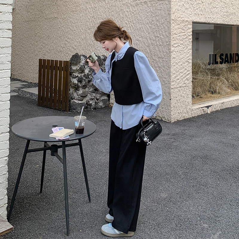 韩系一整套入春穿搭女2025新款时尚马甲气质领结衬衫阔腿裤三件套