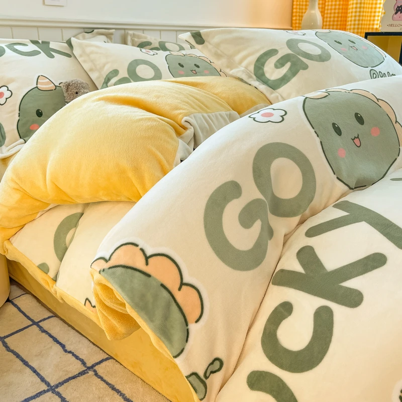 印花加厚牛奶绒四件套双面绒秋冬季加绒珊瑚绒被套床单宿舍三件套