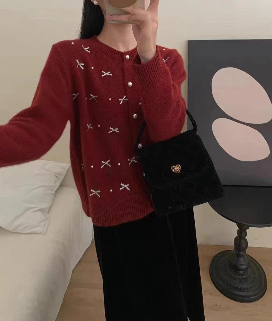 ANYUMO/安妤茉207秋冬小蝴蝶结钉珠针织毛衣开衫保暖时尚百搭女