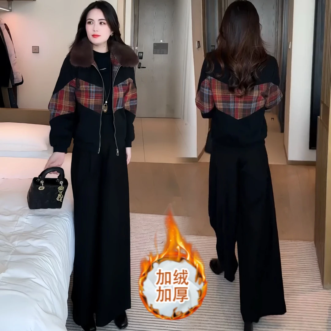 时尚设计感格纹拼接夹克上衣2025秋冬新款百搭加绒加厚带毛领外套