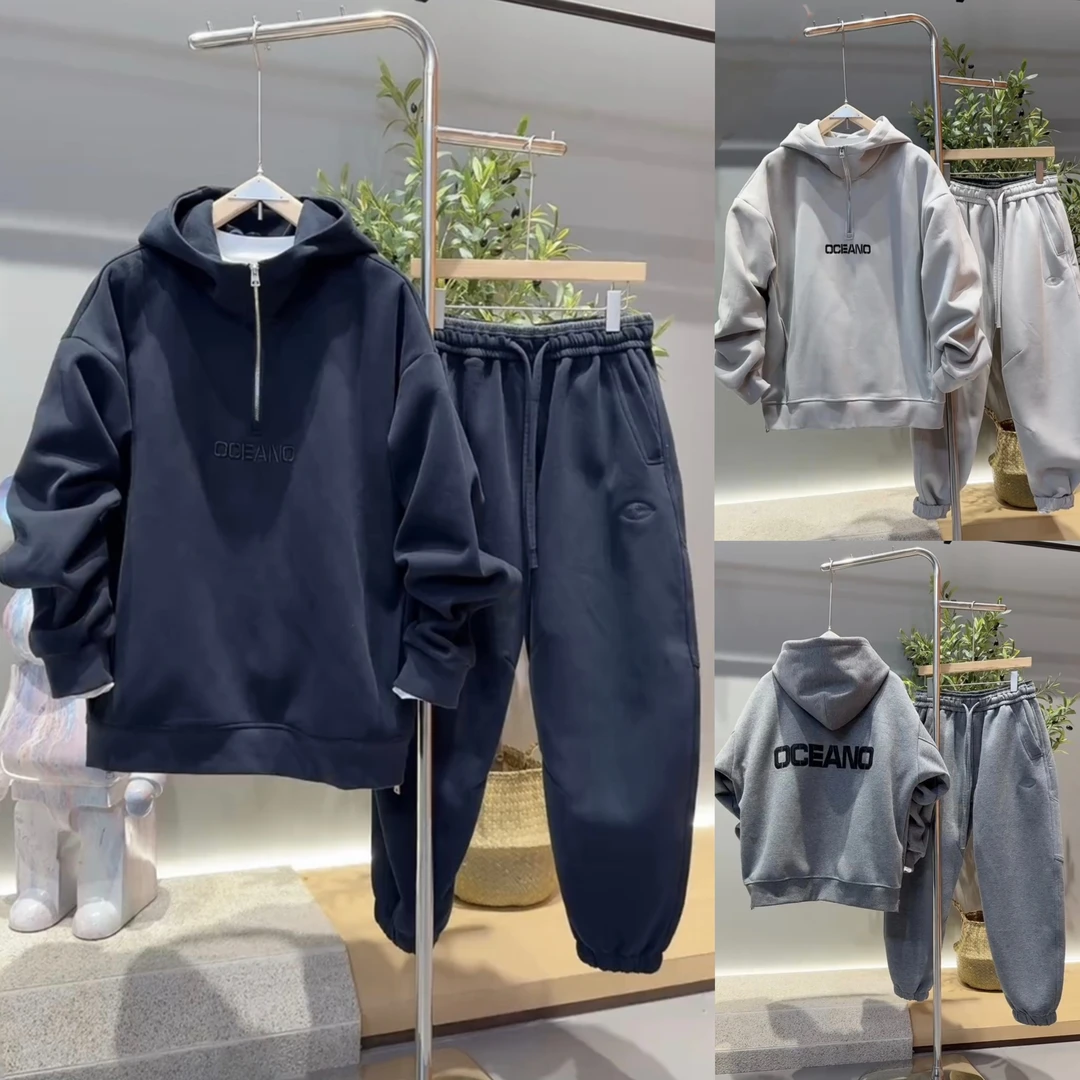 秋冬上新加绒潮牌刺绣休闲套装男简约百搭连帽卫衣运动卫裤两件套