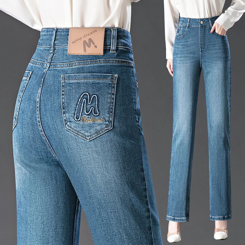 2025春秋季新款牛仔裤女士高腰大码胖mm弹力直筒裤中老年妈妈裤子