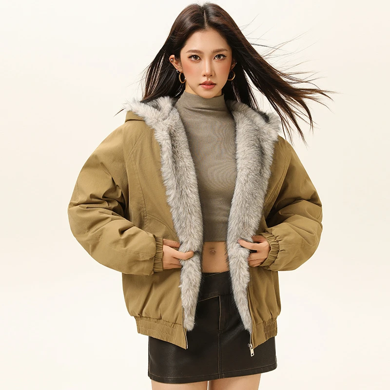 VUUG美式复古座山雕加绒毛领棉服外套男款秋冬宽松连帽派克服夹克