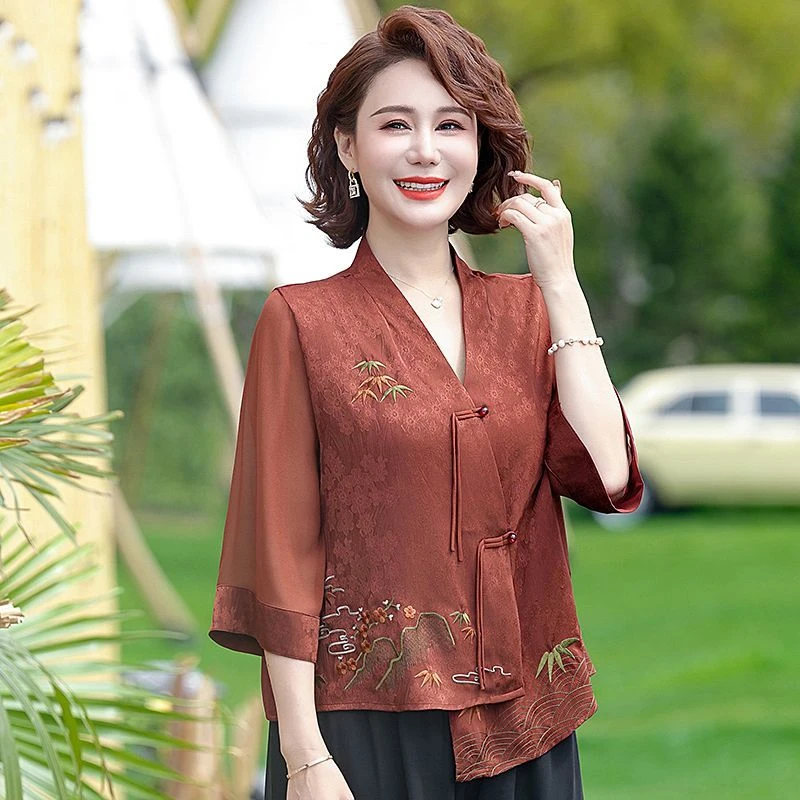 复古新中式小衫中年女夏季新款妈妈装套装雪纺衫上衣阔腿裤两件套