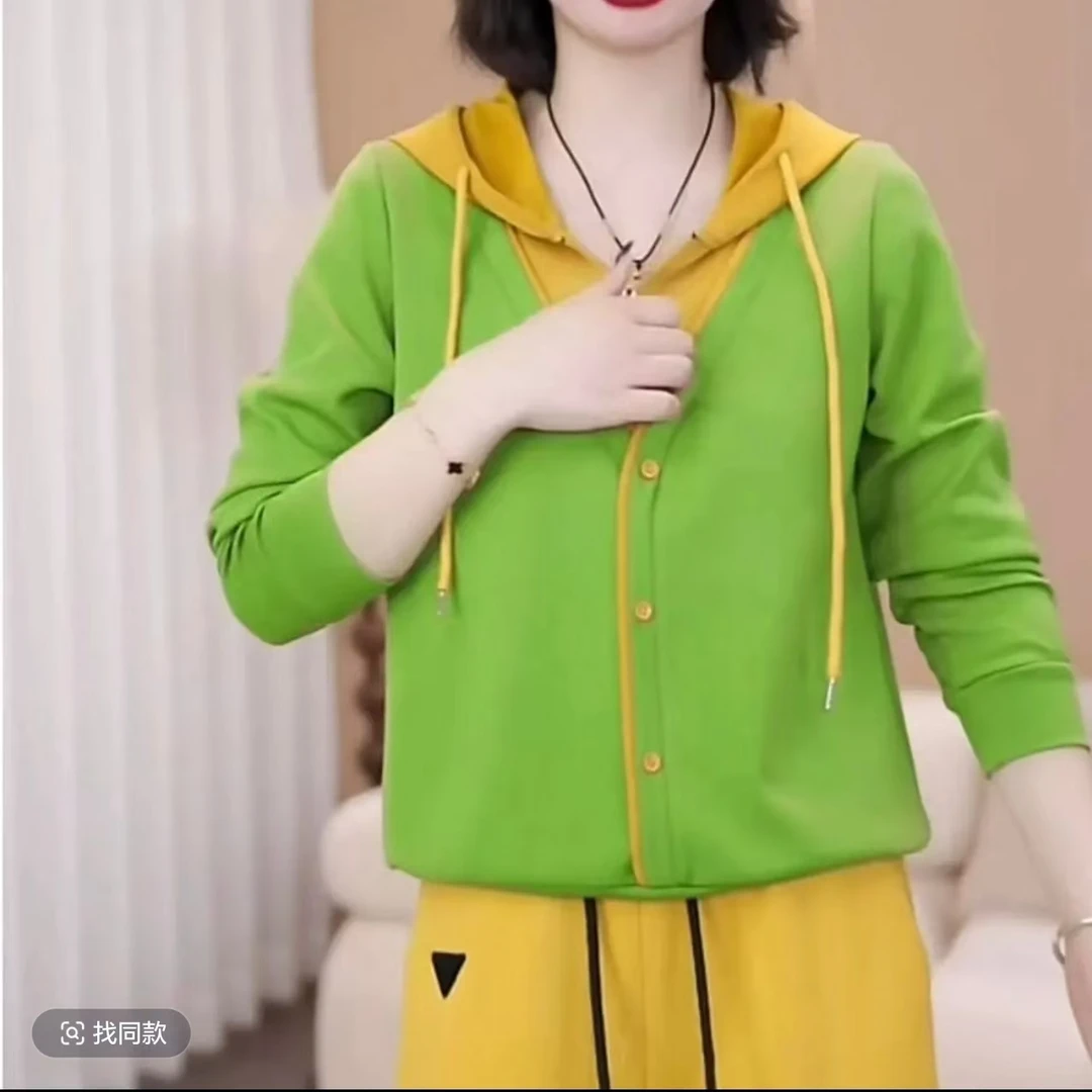 休闲减龄运动女装上衣春季新款拼接连帽假两件百搭拉链宽松上衣棉
