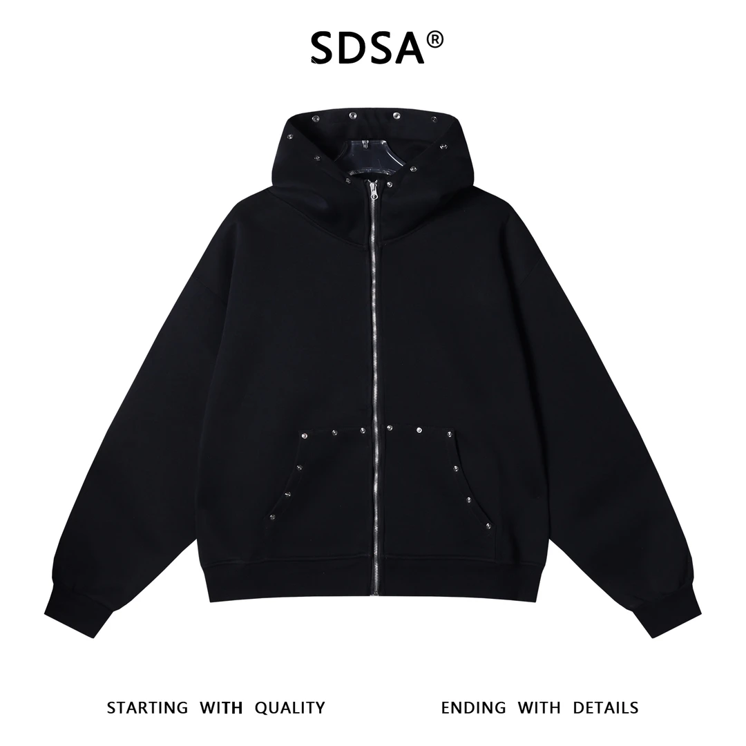SDSA男士秋冬新款痞帅男装简约纯色铆钉开衫立领拉链连帽卫衣百搭
