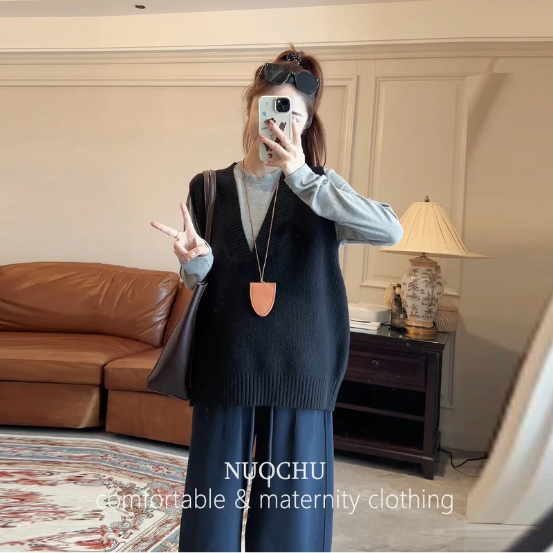 洋气深V领马甲~秋装新款V领针织马甲背心开衫孕妇装打底衫早秋