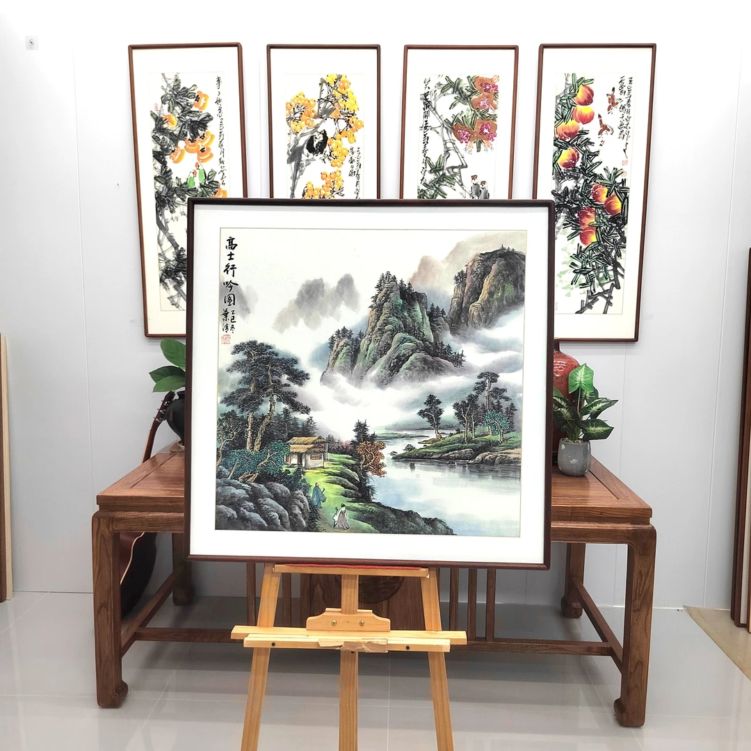 纯手绘带框国画山水《高士行吟图》80*80cm，玄关卧室书房茶室办公室