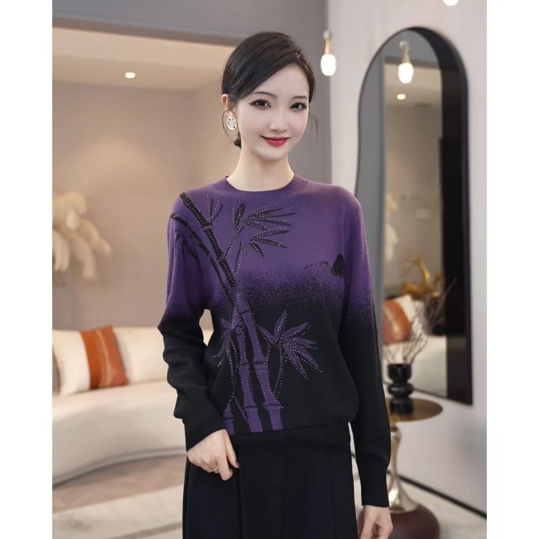 2025秋冬新款【8164】含绵羊毛新中式国风竹节提花紫色针织衫毛衣女