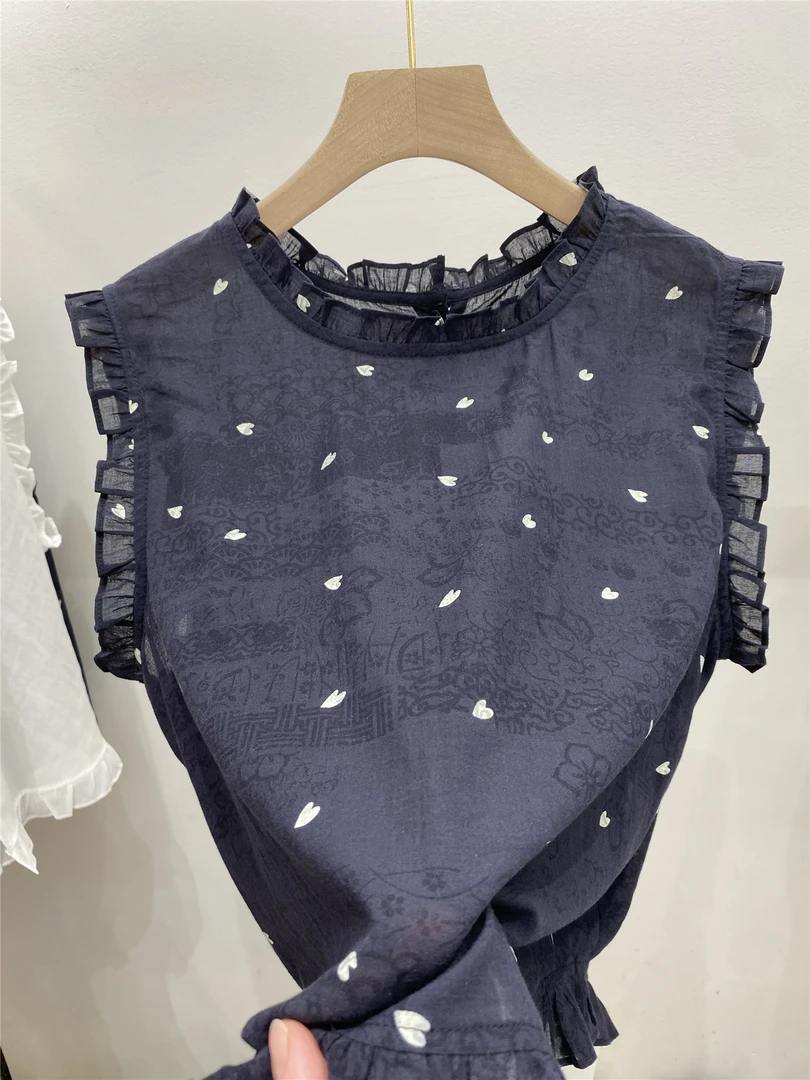 韩系爱心印花木耳边圆领无袖纯棉衬衫女夏季新款宽松洋气气质上衣