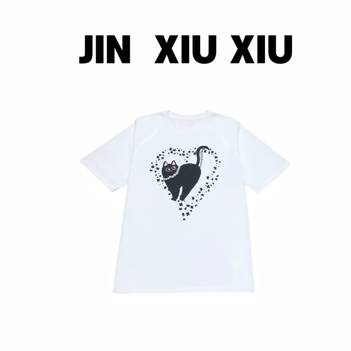 JINXIUXIU夏季新款星星爱心卡通小猫立体珍珠装饰韩系甜美短袖785