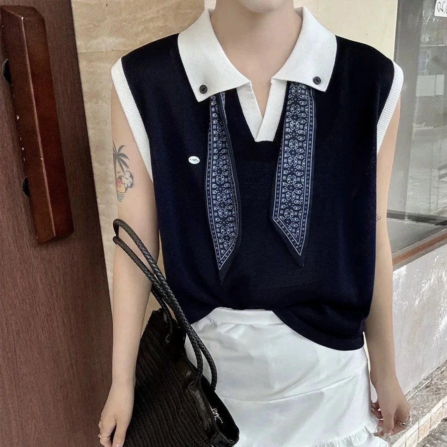 韩系撞色翻领配丝巾无袖T恤背心女2025夏季新款气质百搭修身上衣