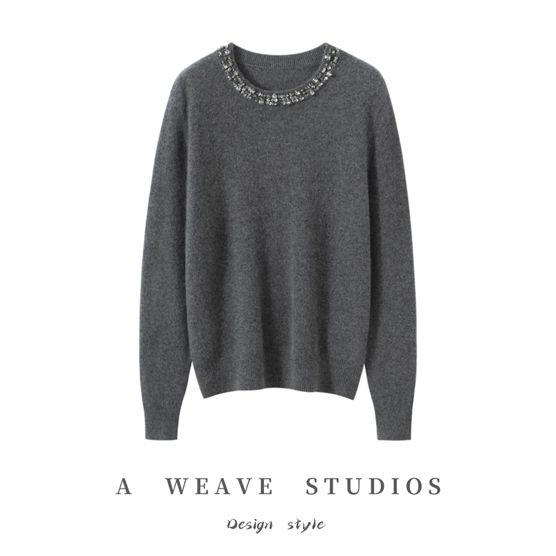 【100羊绒】圆领手工钉钻100%纯山羊绒衫女长袖针织毛衣打底衫上衣