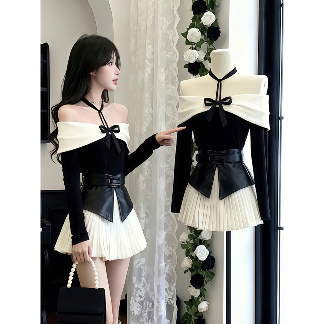 时尚少女蝴蝶结一字肩修身拼接撞色收腰显瘦连衣裙子+腰带+腰封女