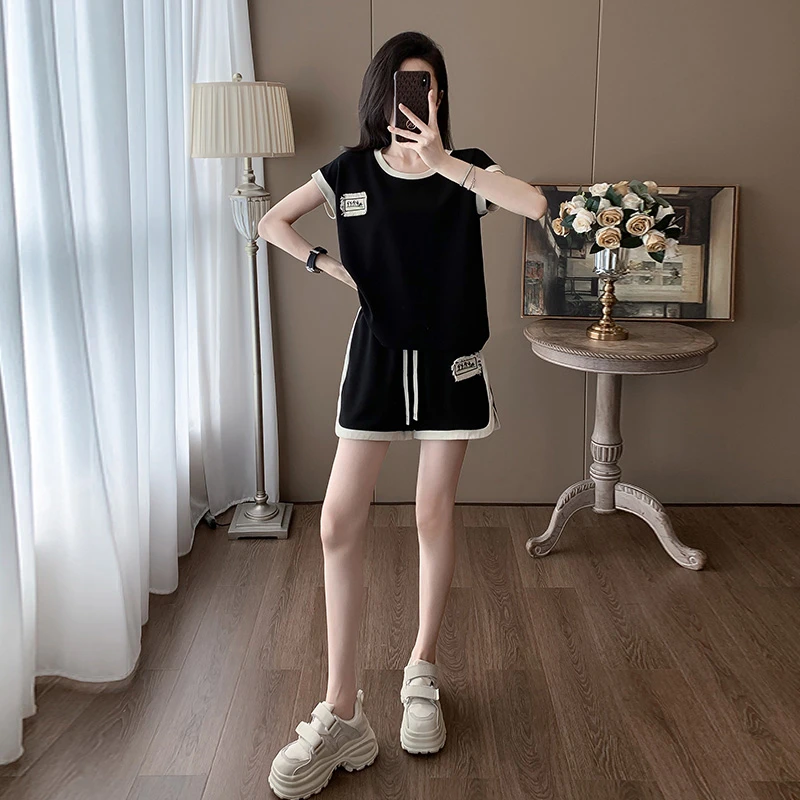 欧货黑色休闲运动套装女夏季短袖上衣阔腿短裤宽松百搭时尚两件套