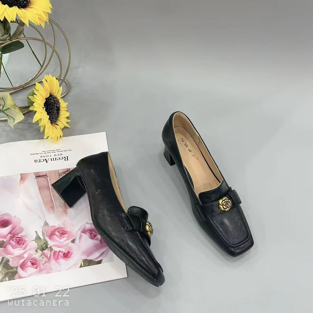 J252111 新款法式浅口高跟鞋女粗跟方头百搭单鞋